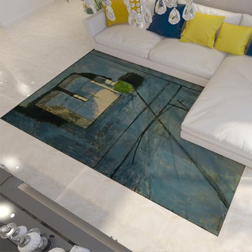 BYLEEHOMED Moderner expressionistischer Teppich 80x150cm Blauer Zimmerfensterteppich Mid-Century Indoor-Teppich für Wohnzimmer Büro maschinenwaschbares Dekor