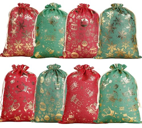 8 Stück Weihnachts-Geschenktüten mit Kordelzug, 30 x 40 cm, Folienprägung, Weihnachtsbeutel, große Leinen-Geschenkbeutel, Aufbewahrungstasche für Weihnachten, Party, Gastgeschenk