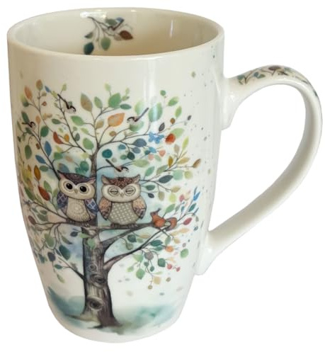 KIUB Taza de porcelana redonda muy grande, diseño de pareja de búhos en un árbol grande, altura 13 cm, capacidad 445 ml, caja a juego