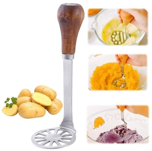 SingHao Mini Potato Masher, Wood Non Slip Handle, Stainless Steel, Brown