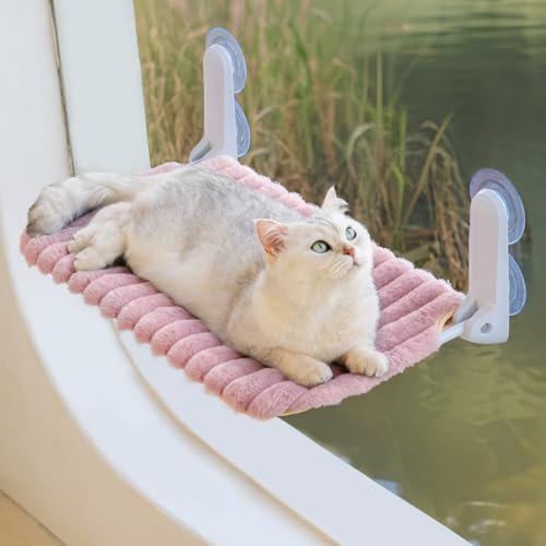 MEWOOFUN Percha plegable para ventana de gato con cubierta extraíble y reversible, hamaca suave para ventana de gato con marco de acero grueso, soporta hasta 18 kg (rosa, M)