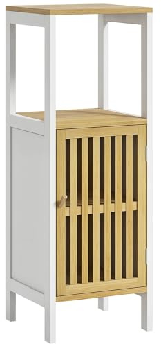 HOMCOM Slim Bathroom Storage Cabinet, Small Bamboo Bathroom Cabinet with Open Compartment and Adjustable Shelf, White