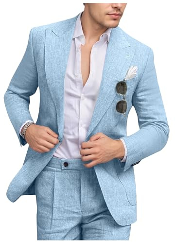 Fesenbo Completo da uomo in lino slim fit 2 pezzi estate spiaggia abiti da sposa con bavero a punta casual blazer pantaloni set per smoking da ballo, Azzurro chiaro, M