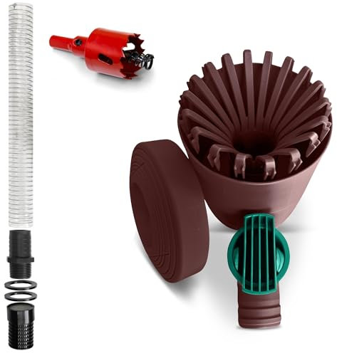 YourCasa Set di raccolta pioggia [Downpipe] con tubo di collegamento, 30 cm e passaggio del serbatoio dell'acqua piovana – Rubinetto di intercettazione e filtro per il collegamento di tubi di scarico