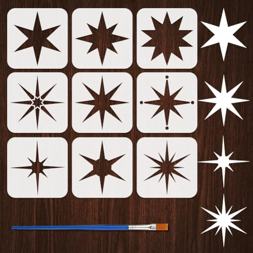 FINGERINSPIRE 9 Sternenschablone Mit 1 Kunststoff Pinseln 15x15cm 9 Stile Stern Muster Zeichenvorlagen Dekoration Fantasy Themenschablonen Zum Malen Auf Holz Leinwand Stoff Wandmöbeln