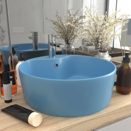 Vasque à Poser Salle de Bain Maison Lavabo rond Évier Lave-Mains de Salle d'eau Vasque a Poser en Céramique Moderne, Bleu clair mat 36x13cm