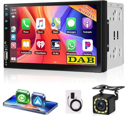 DAB+ Wireless Carplay Android Auto 2 Din Autoradio, 7 Pollici IPS Touchscreen Bluetooth Car Radio, Motorsi Stereo Auto Support MirrorLink/FM/USB/AUX/EQ/Carica/Remote Control/7 Colore Backlight