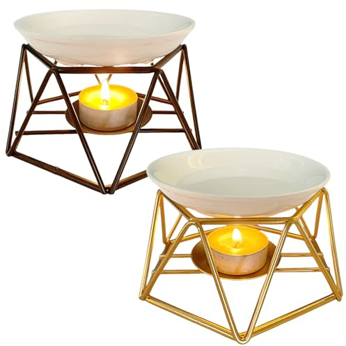 Duftlampe aus Metall und Keramik, 2 Stück Kerze Aroma Burner, Duftwachs Lampe mit Teelicht Halter aus Eisen Oil Burner Dekoration für Zuhause im Rauten-Stil Aromatherapie-Lampe (Schwarz + Gold) (2)