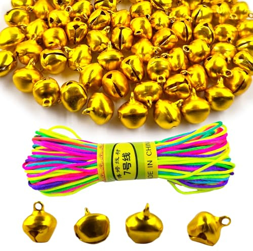 150 Stück Glöckchen Metallglöckchen, 14mm Kleine Glöckchen mit 20m Bunt Seil, Bunte Anhänger Weihnachten Schellen mit Löchern für DIY Schmuck Schmuckherstellung Haustier (Gold)