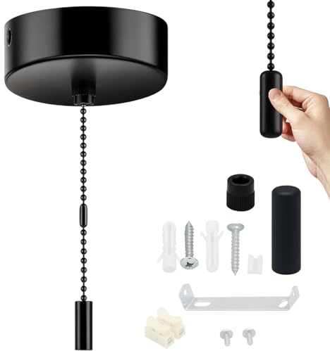 Pull Cord Light Switch Bathroom, Black Ceiling Mounted Switch, Easy to Install for Bathroom, Bedroom, Kitchen, Living Room, Corridor, 8 * 3 Cm