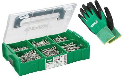 SPAX L-BOXX Mini Coffret de montage – 700 vis à tête fraisée en 6 dimensions, WIROX A9J, T-STAR plus, avec gants de travail et 3 embouts T20, 8000000294549