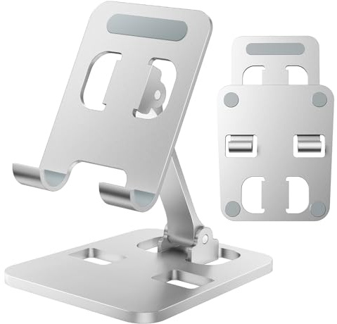 Anifrim Phone Stand for Desk, Dual Folding Cell Phone Holder, Fully Adjustable Portable Mobile Phone Holder for iPhone 17 16 15 14 13 12 11 Pro Max Plus Air, Galaxy S25 S24, All Phones (Silver)