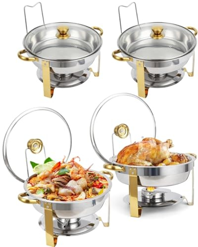 Chafing Dish Buffet Set, 4 Pack 5Qt Round Chafing Dishes & Food Warmers with Clear Glass Lid, Mirror-Polished Stainless Steel Chafer for Restaurant Catering Parties Weddings Picnic Christmas Gathering