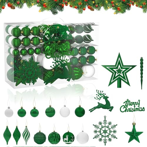 Froadp 108-teilig Weihnachtskugeln Set aus Kunststoff, Christbaumkugel Weihnachtsdeko Christbaumschmuck für Weihnachtsbaumdeko, Festliche Dekoration, DIY Basteln, Party (Grün + Weiß)