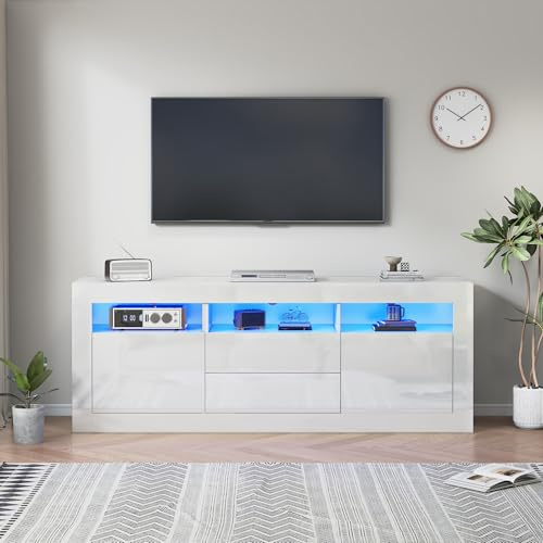 TV-bänk 160 cm högglansig vit med LED-belysning 3 öppna fack 2 dörrar 2 push-to-öppna lådor kabelhantering vardagsrum gaming media konsol sideboard 180 cm modern