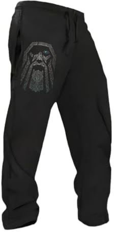 Herr viking medeltida nordisk mythos lediga byxor, långa träningsbyxor, elastisk midja, sweatpants bomullsbyxor, elastiska lösa joggingbyxor, breda ben, raka löparbyxor, sportbyxor, E-svart, L