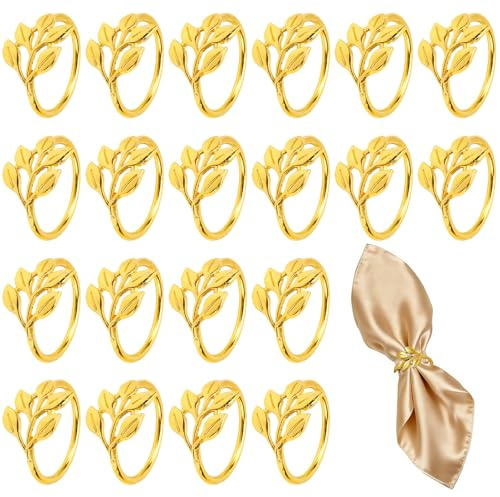 QGGTQG Serviettenringe Gold mit Blätterdesign Blatt Serviettenringe Set | 20 Stück Metall Serviettenschnallen Elegante Napkin Rings für Weihnachten Hochzeitsfeier Abendessen Tischdekoration (Blätter)