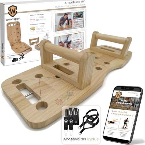 Woodsport Air – Liegestützbrett/Push Up Board aus Kiefernholz für Home gym – 65 cm Familiengröße – Klappbares Fitnessgerät für Zuhause – inkl. Resistance Bands + 30-in-1 Trainingsguide