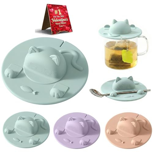 2PCS Tea Bag Mug Topper Silicone, Cat-Designed Cup Silicone Cup Covers, 4 Inch Silicone Tea Bag Holder & Squeezer with Tea Bag Holder Mug Lid, Dishwasher Safe, for Coffee Milk Tea (Green,2pcs)