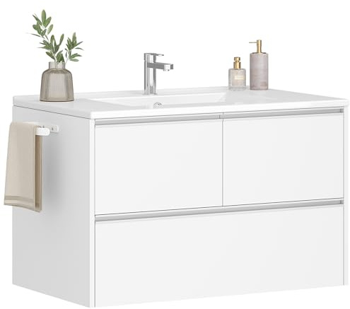 Hzuaneri Meuble Lavabo Suspendu, Lavabo en Céramique, Meuble de Salle de Bain, 1 Porte-Serviettes, 2 Portes, 1 Grand Tiroir, Grand Volume de Rangement, 45 x 80 x 50 cm, Blanc, BC64203X