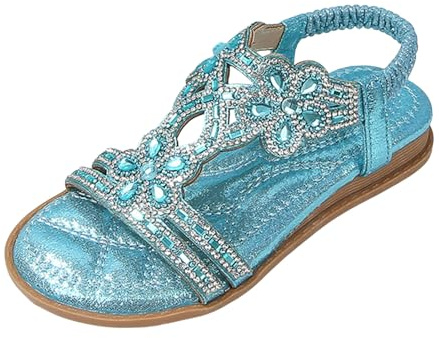 Sandales Femme - Sandales d'été bohème plates - Fleurs plates - Strass - Sandales plates ouvertes - Sandales confortables - Boho - Paillettes - Orthopédiques, 010 bleu marine, 38 EU