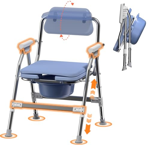 4-in-1 Toilettenstuhl für Senioren – ergonomisch freischwenkbare Rückenlehne, höhenverstellbar, klappbarer Duschstuhl mit 2-lagigem EVA-Sitzkissen, stabiler Edelstahlrahmen