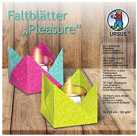 Ursus 3305599 - Faltblätter Pleasure, 135 g/qm, ca. 15 x 15 cm, 50 Blatt in 9 Farben, Effektpapier, beidseitig Bedruckt, inklusive Faltanleitung, ideale Grundlage für kreative Bastelarbeiten