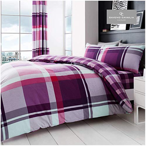 GC GAVENO CAVAILIA Geometric Check Duvet Cover Set King Size, Reversible Bedding Set with Matching Pillowcases, Soft Easy Care Bed Set, Purple