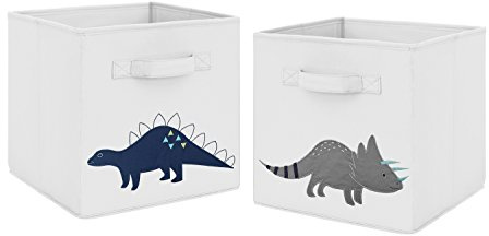 Sweet Jojo Designs Navy Blue and Grey Modern Dino Foldable Fabric Storage Cube Bins Boxes Organizer Toys Kids Baby Childrens for Mod Dinosaur Collection Set of 2
