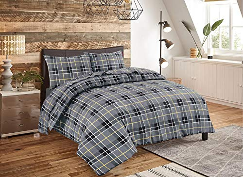 Luxury Tartan Check Flannelette Thermal 100% Brushed Cotton Duvet Cover Bedding Set (Tartan Check Grey, Double Duvet Cover Set)