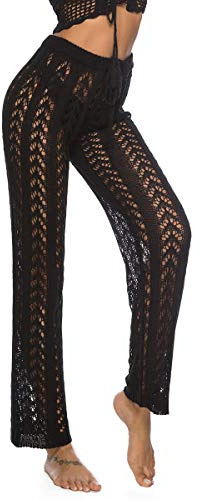 Nuofengkudu Donna Lunghi Pantaloni da Spiaggia Bikini Slip Cover up Leggeri Larghi Morbidi Eleganti Estivi Pants (9333-Nero,M)