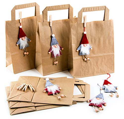 Logbuch-Verlag 6 Weihnachtstüten braune Papiertüten 18 x 8 x 22 cm + Wichtelanhänger aus Filz rot grau + 6 Holzklammern Geschenkverpackung Weihnachten