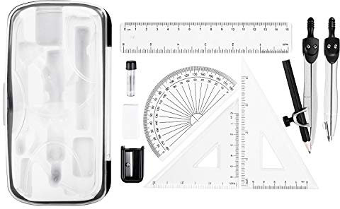Amazon Basics 10-teiliges Mathematik-Set, mit Zirkel, Bleistift, Radiergummi, Spitzer, Winkelmesser, Geodreiecken, Lineal und Aufbewahrungsetui