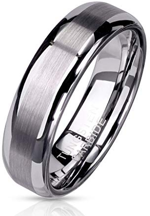 Paula & Fritz® Ring Damen Wolframcarbid gebürstete Mitte Gr. 64 (20,4) Silber 6-mm breit Kuppelring Herren-Ring Partnerring Damen-Ring Verlobungsing
