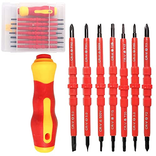 7 Pièces Tournevis Isolants, Tournevis Interchangeable, Tournevis d'Électricien Isolé, 14 en 1 Acier Chrome Vanadium Ensemble Tournevis avec Poignée Souple pour Réparation d'Un Électricien (Rouge)