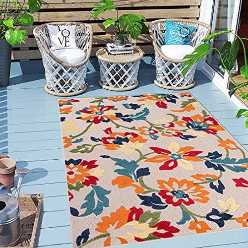 Carpeto Rugs Blumenmuster In- & Outdoor Teppich Wetterfest für Balkon, Terasse - Balkon Teppich Wasserfest - Outdoorteppich Wetterfest - Aussenteppich Terrasse Groß - Orange Bunt - 80 x 150 cm