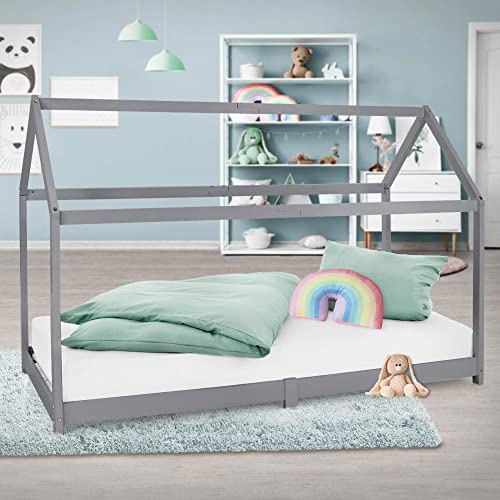 ML-Design Kinderbett 90x200 cm mit Dach und Lattenrost, Hellgrau, Hausbett für Mädchen und Jungen, Kinderhaus aus massivem Kiefernholz, Bodenbett Jugendbett, Kinder Bett Bettenhaus Spielbett Holzbett
