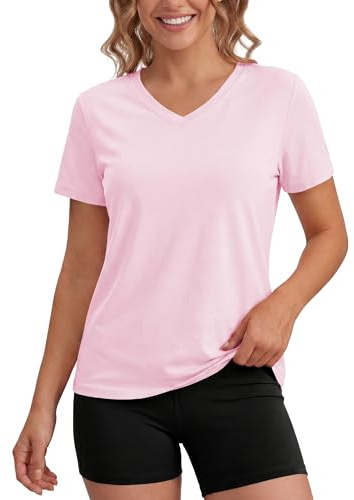 MAGCOMSEN Sport Shirts für Damen Sportshirt UV Schutz Shirt V-Ausschnitt Leicht Wandershirt Kurzarm Yoga Hellrosa L
