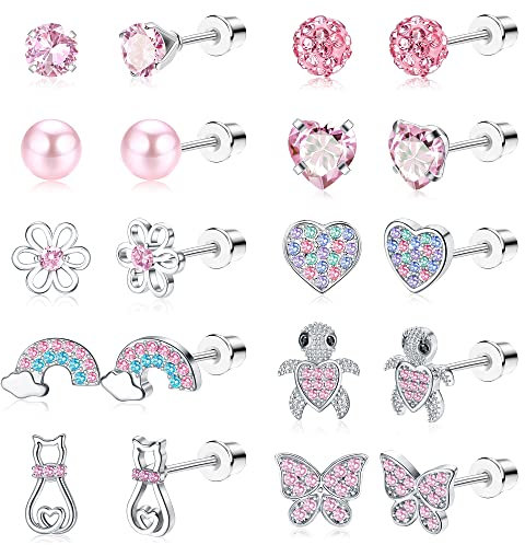 JeweBella 10 Paar Kleine Ohrstecker Set für Damen Mädchen Hypoallergen 316L Chirurgenstahl, Kinder Niedlich Blume Schmetterling Herz Zirkonia Ohrringe Tragus Knorpel Piercing