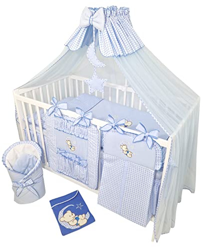 Bello24 - 16 Teiliges Babybett Kinderbett und Bettwäsche komplett Set Happy Leo inkl. Matratze höhenverstellbar für Neugeborene Babys und Kleinkinder aus Massivholz (Teddybär Mond - Blau)