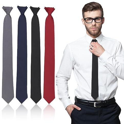 4 Stück Herren Krawatte Set - Clip-On Sicherheitskrawatte in Schwarz Mit Gummizug, Verstellbarer Schlips, Bereits Gebundene Krawatten