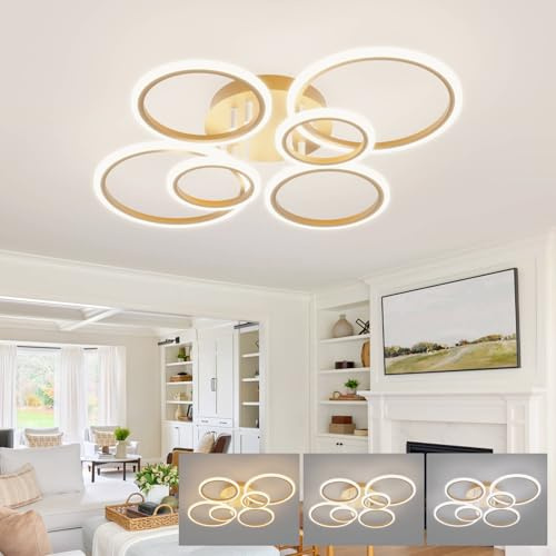 KeLuKes 80cm Moderne Led Deckenlampe Schlafzimmer, 6-Ring-Deckenlampen-Design, 60W Dimmbar Deckenleuchte mit Fernbedienung, 3000K-6000K, Gold Küchendeckenlampe