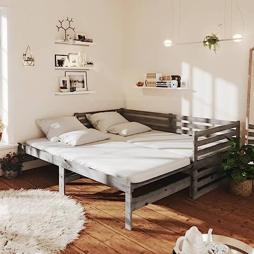 KTHLBRH Bed Frame Jugendbett Stauraumbett Tagesbett Ausziehbar Grau Kiefer Massivholz 2X(90x200) cm