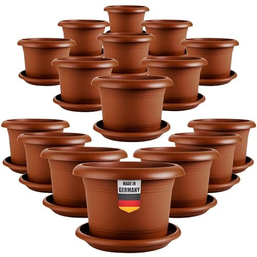 2friends 16er Set Pflanzkübel für Außen 30cm Durchmesser - Groß Terracotta Tomatentöpfe Blumentöpfe mit Untersetzer aus Kunststoff, Wetterfest, für Garten, Balkon, Terasse