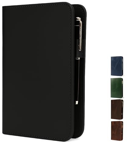 TheAntiq Schwarzes A5-Leder-Tagebuch-Cover – nachfüllbarer und stilvoller Notizbuchschutz, 15,2 x 22,9 cm, mit Tasche, Kartenfächern, Stifthalter für Männer und Frauen, handgefertigtes