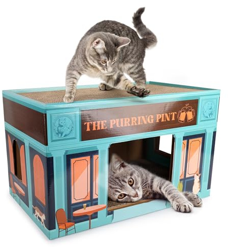 ALL FOR PAWS Rascador de gatos de cartón, casa de gatos, cama plegable para gatos con hierba gatera para interior (purring pint scratcher)