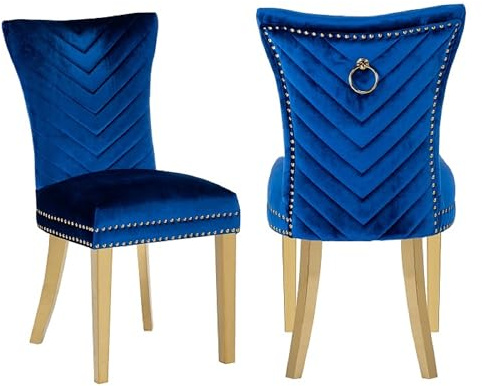 Matrix Furniture Group Eva 2-Piece Traditional Style Refined-Tufted Chair with Gold Legs and Navy Velvet Fabric Finish