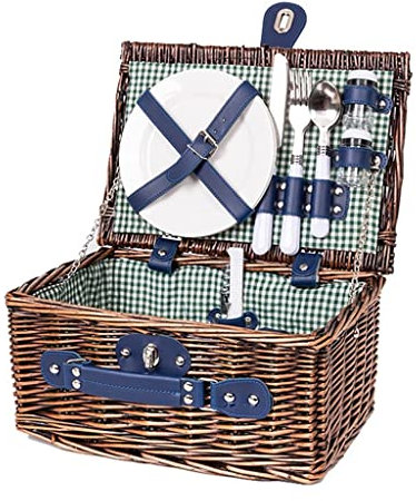 HAVVMK Picknickkorb Weidenpicknickkorb mit Deckel und blauem Griff handgeflochtene Picknickkörbe Kleiner Picknickkorb für 2 Personen 33x23x17cm