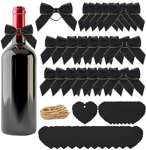 SEABABOO Decorazione di Etichette Bottiglie di Vino, Etichette per Vino 20Pcs Etichette per Bottiglia e 20Pcs Fiocchi Regalo Targhette Etichette Carta Kraft per DIY Bottiglie di Vino Spumante (Nero)