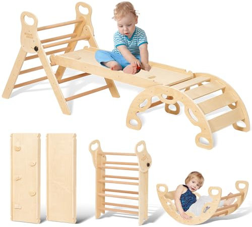 Giant bean 5-in-1 Montessori Kletterdreieck mit Kletterbogen und Rutsche, Holzdreieck für Kleinkinder ab 2-5, Indoor Kletterspielzeug, Regenbogen mit Griff (S-geöltes Holz​)